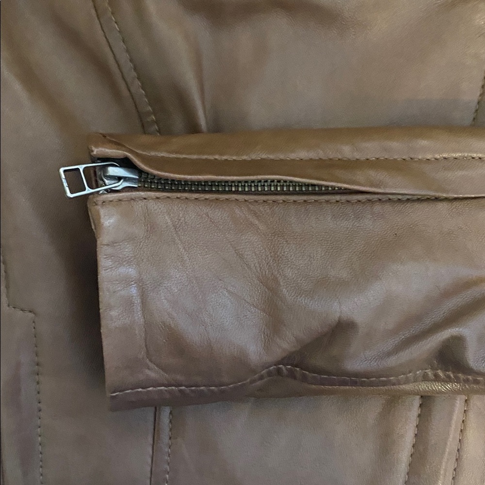 Danier Tan Brown Soft Classic genuine Leather Moto Biker Zip Up Jacket Sz S - Picture 16 of 17